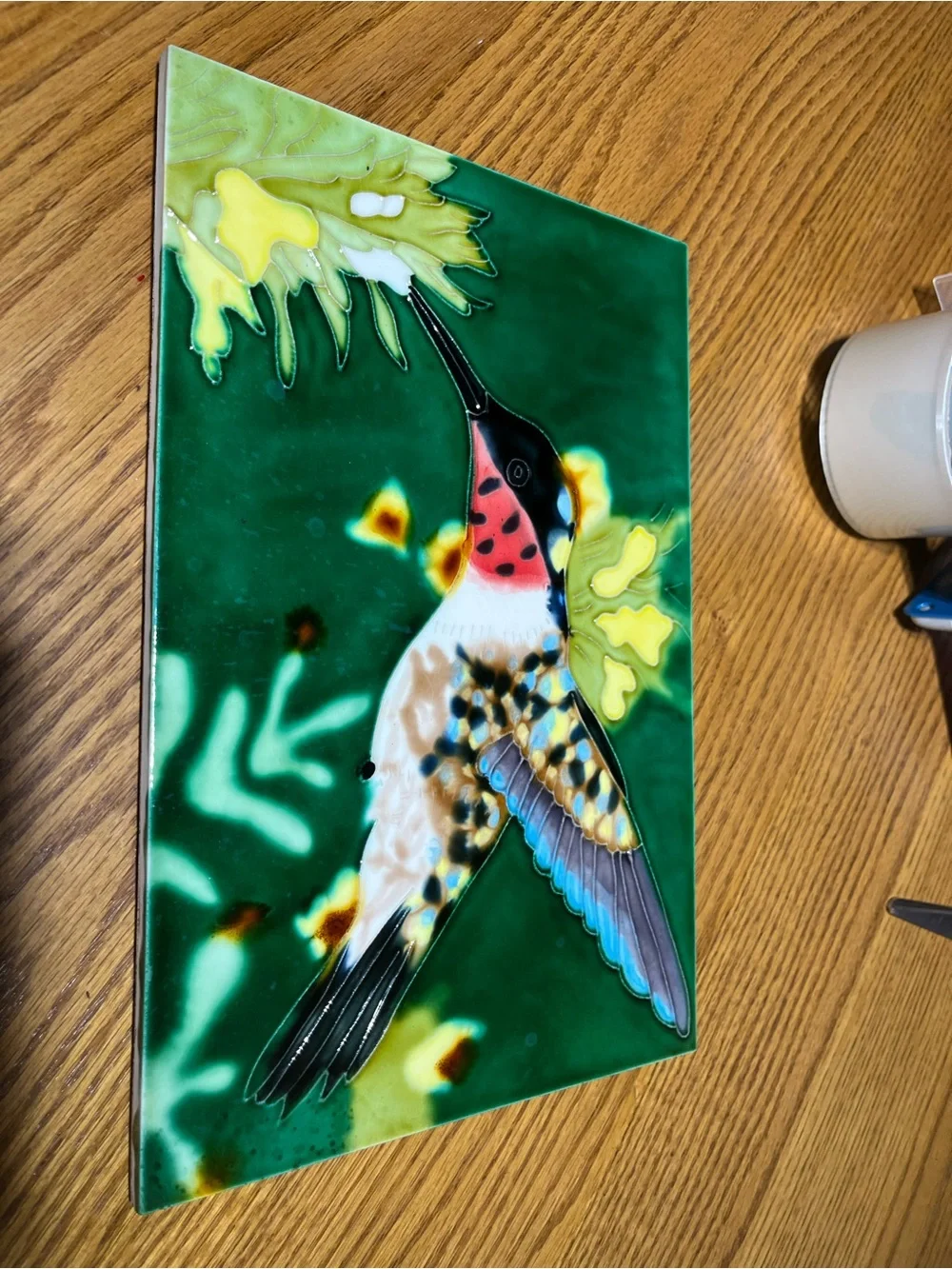 Artistic Hummingbird Ceramic Wall Plaque - Green, Blue, Pink Accent